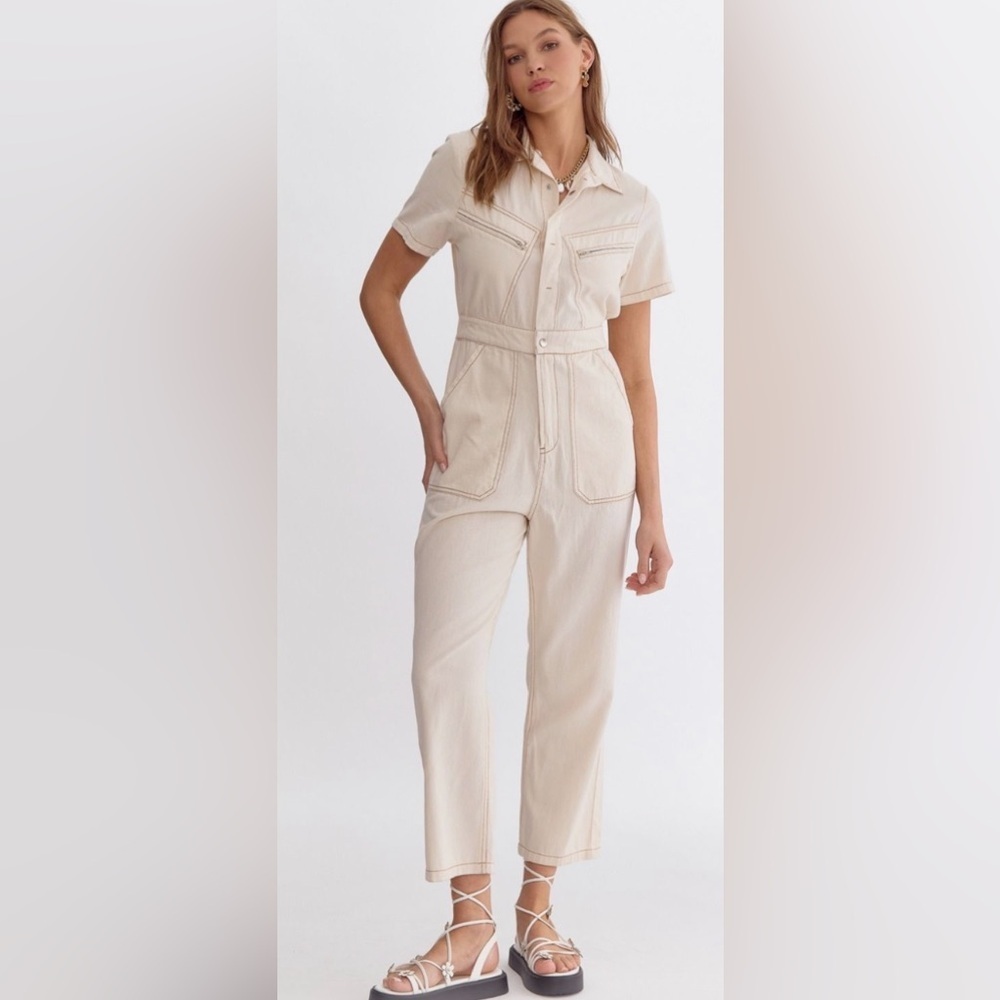 New nwt Entro tan pant jumpsuit short sleeve adorable S M L
